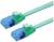 Twee Cat6-netwerkkabels met blauwe connectoren en groene doppen, naast elkaar gelegd. Ze worden gebruikt voor gegevensoverdracht.