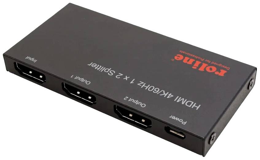 Een HDMI-splitterapparaat met één ingang en twee uitgangen. Op het apparaat staat 'RoLine HDMI 4K/60Hz 1x2 Splitter'.