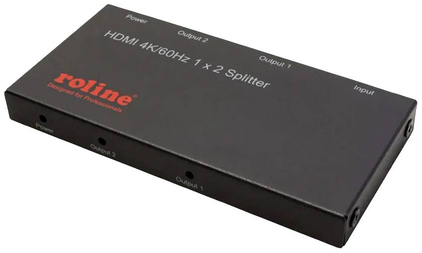 Zwarte HDMI 4K/60Hz 1x2 Splitter van het merk 'roline', toont de ingangs- en twee uitgangsaansluitingen.