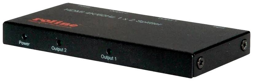 Een HDMI-splitter met drie aansluitingen: Power, Output 1 en Output 2.
