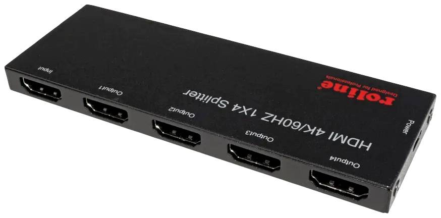 Een HDMI-splitter met vijf aansluitingen en de opdruk 'Rolline HDMI 4K@60Hz 1x4 Splitter'.