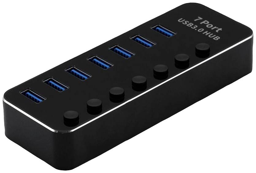 Een zwarte USB-hub met 7 blauwe USB 3.0-poorten. Opschrift '7 Port USB3.0 HUB' rechtsboven op het apparaat.