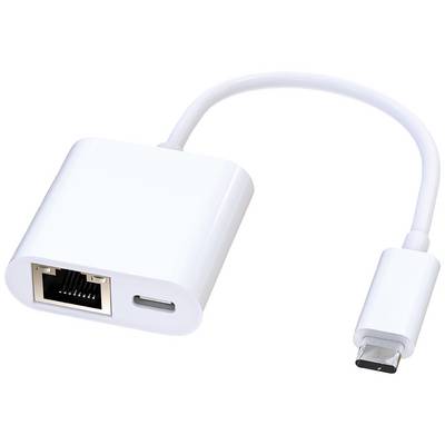 Een witte USB-C-adapter met een Ethernet-aansluiting en een USB-poort, gebruikt voor het verbinden van een laptop met netwerken.