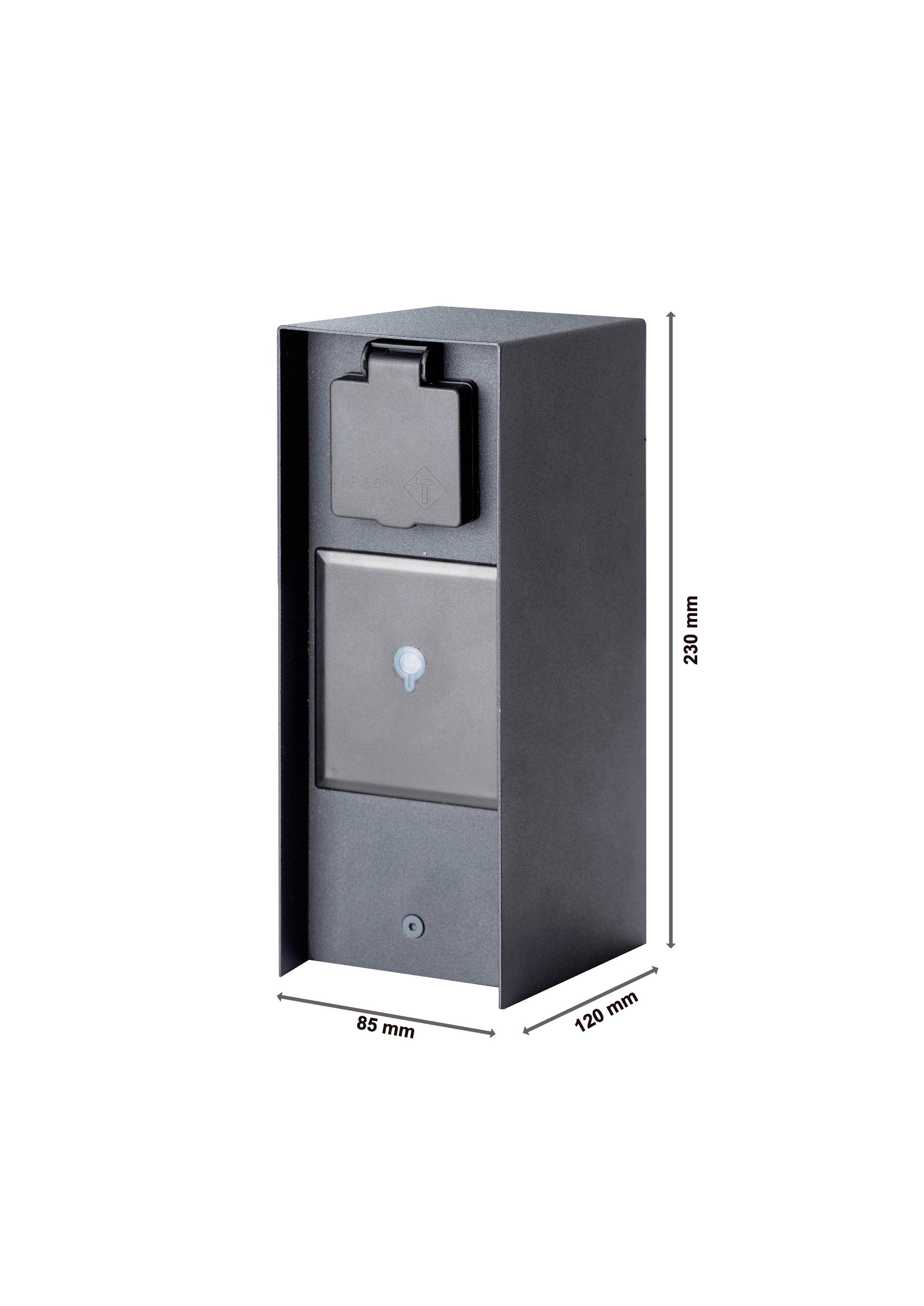 Zwart-grijze doos met stopcontact en verlichting aan de voorzijde, 230 mm hoog, 130 mm diep, 85 mm breed. Ideaal voor buitengebruik.