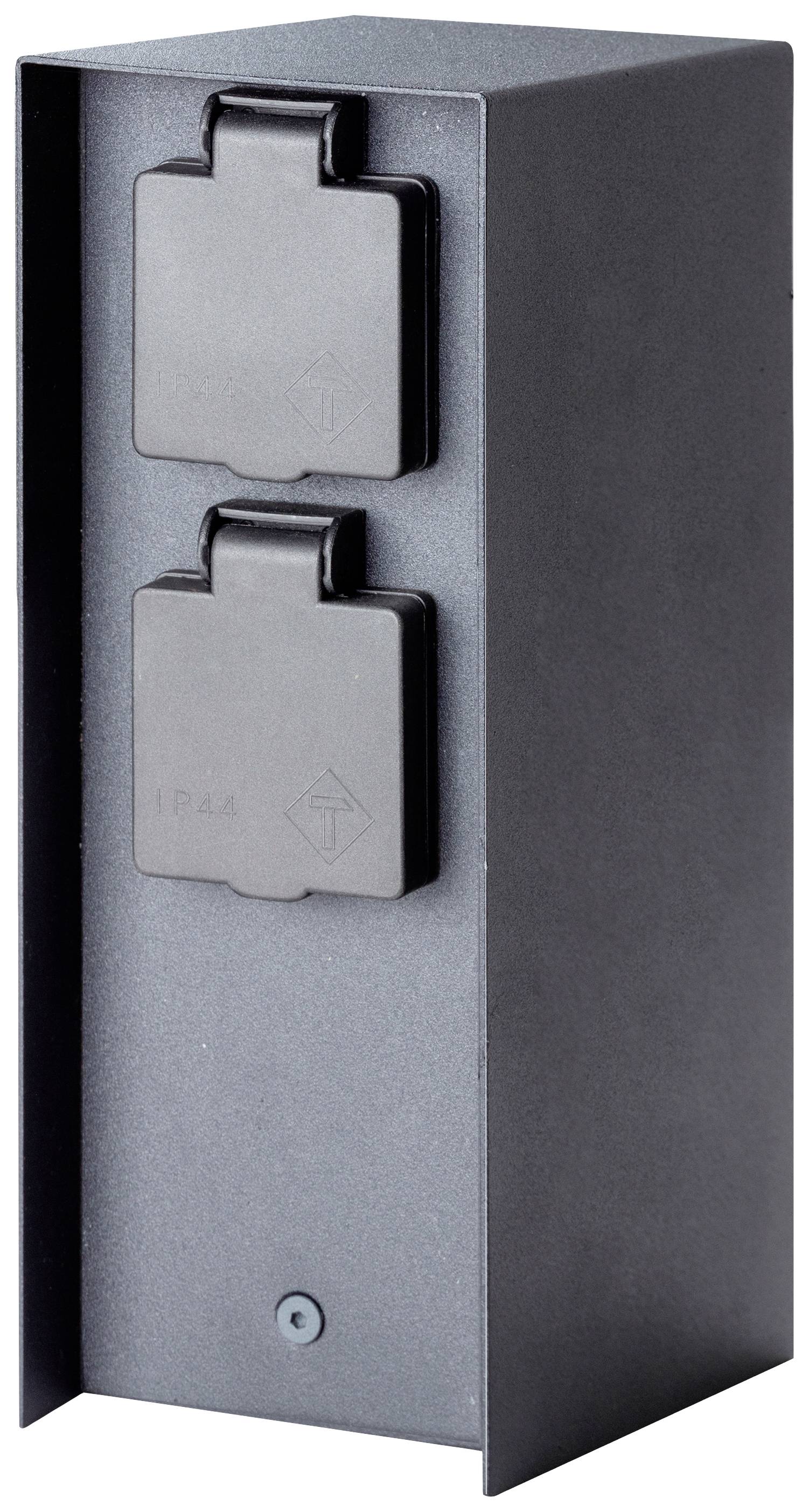 Zwarte, weerbestendige stopcontactpaal met twee afgedekte stopcontacten. Geschikt voor buitenruimtes.