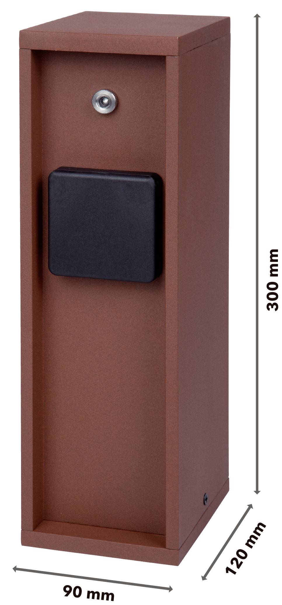 Rode, rechthoekige metalen doos met een zwart rechthoekig vak aan de voorkant. Afmetingen: 300 mm hoog, 90 mm breed, 120 mm diep.