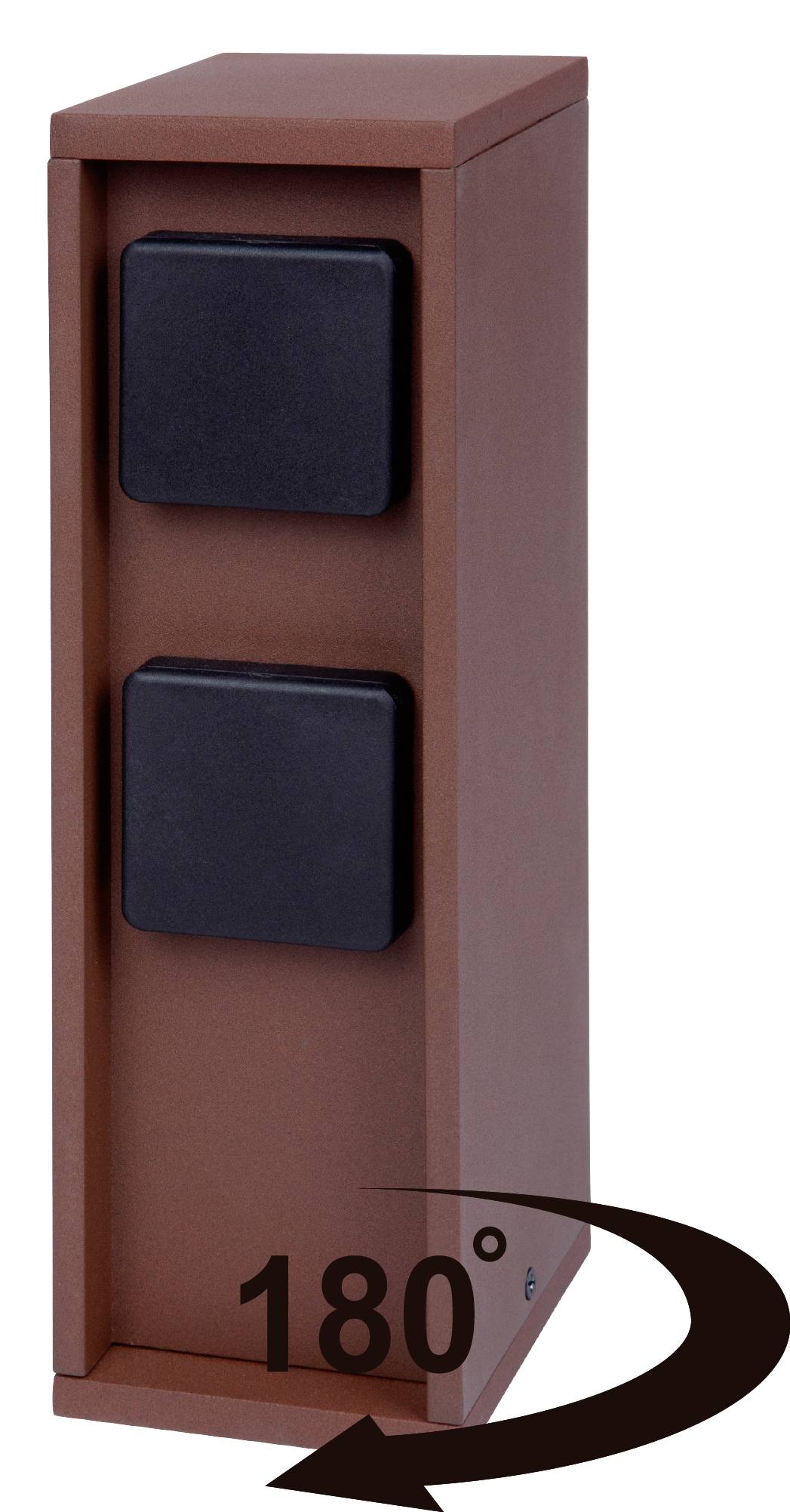 Roestbruine doos met twee zwarte knoppen, boven elkaar geplaatst. Een pijl geeft een 180°-draaiing aan.