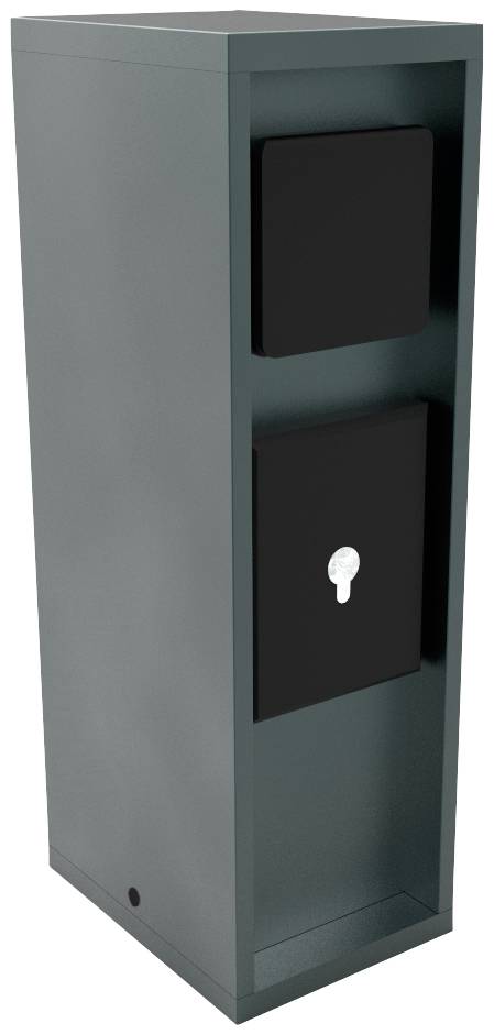 Een moderne, rechthoekige brievenbus in donkergrijs met twee aparte vakken en een voor brievenbussen kenmerkend sleutelgat.