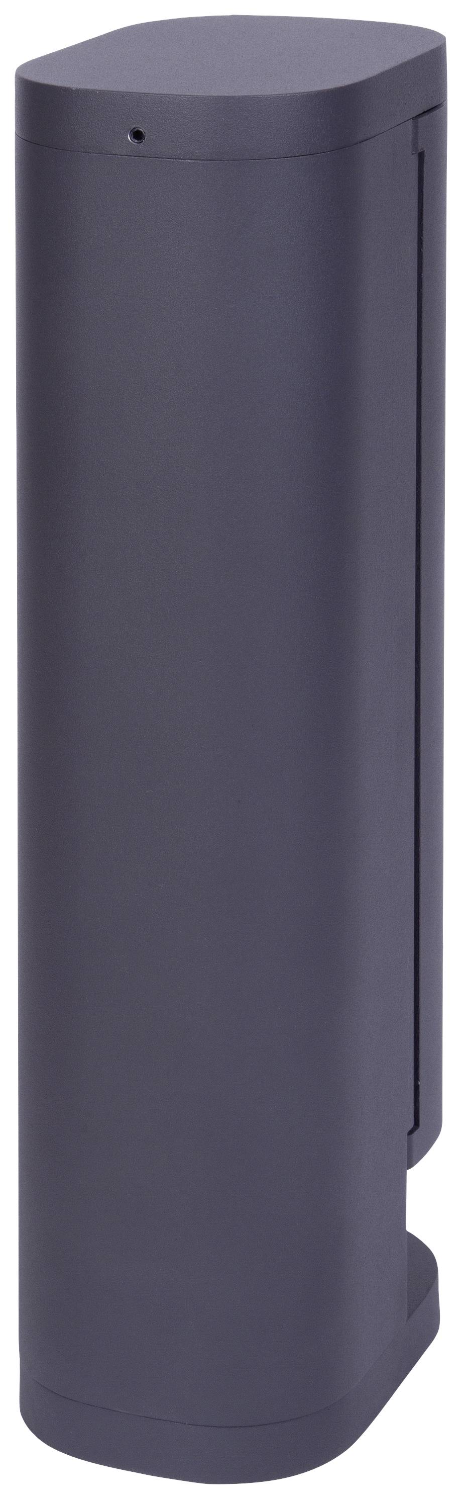 Een hoge, cilindrische, donkergrijze container met een gladde oppervlakte en afgeronde randen.
