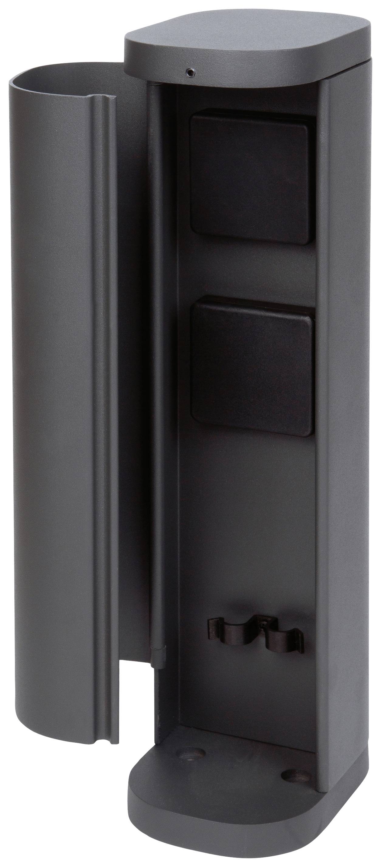 Zwart, verticaal kunststof behuizing met een opening aan de zijkant en twee compartimenten van binnen. Mogelijk te gebruiken als opbergunit.