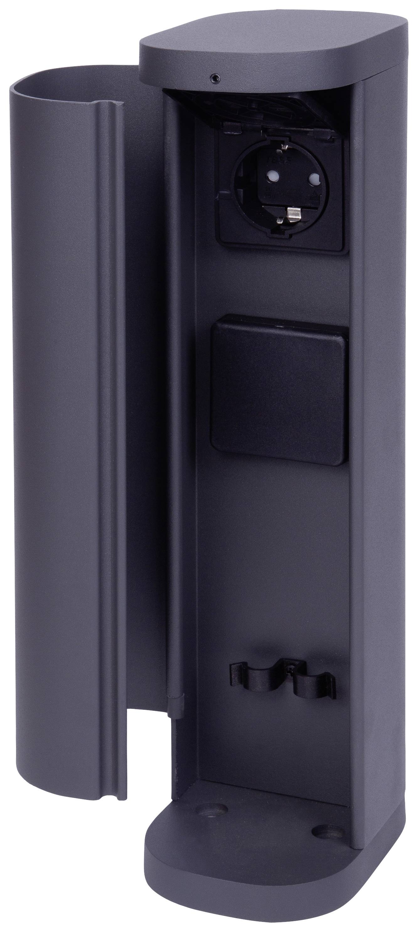 Zwarte buitenwandcontactdoos met opengeslagen klapdeksel, toont een Schuko-stopcontact en twee bevestigingsbeugels aan de binnenkant.