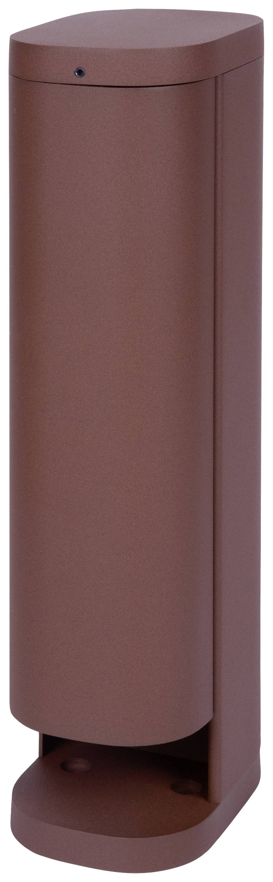 Een bruine, cilindrische vuilnisemmer met een afgerond deksel en voetpedaal staat rechtop.