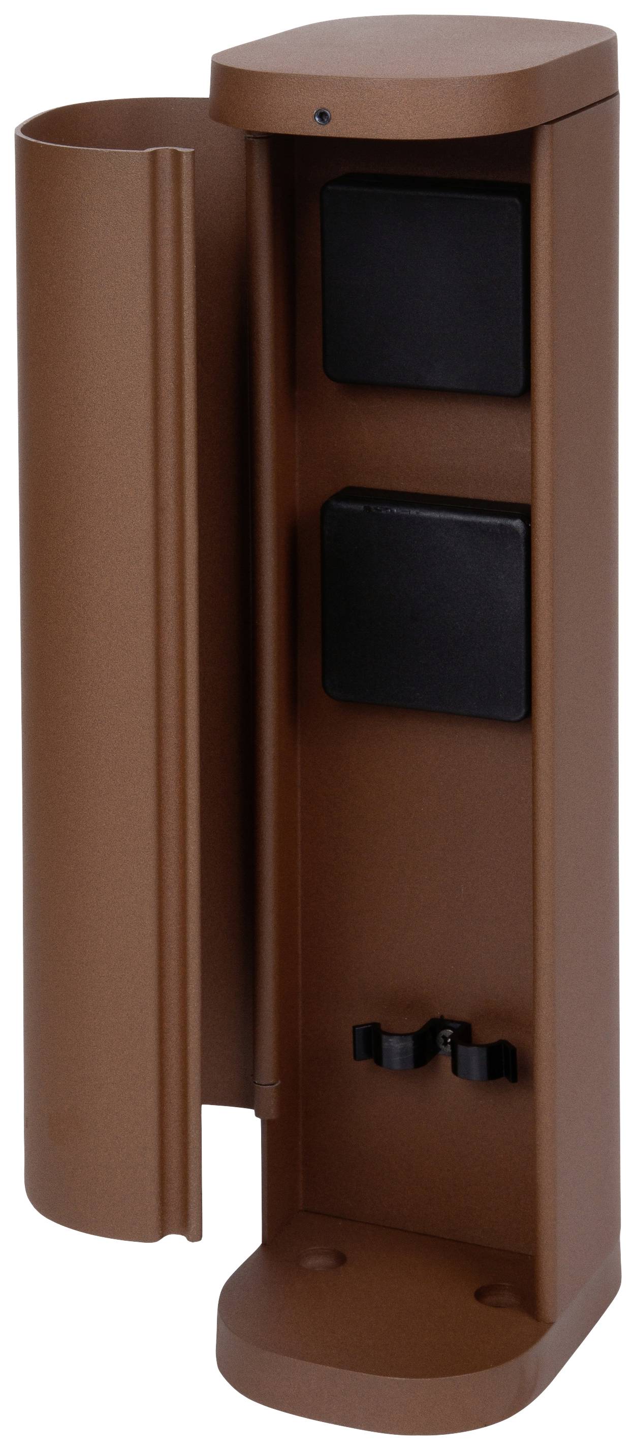 Bruine elektrische buitenpaal met twee zwarte stopcontacten en beschermkap, geschikt voor gebruik buitenshuis.