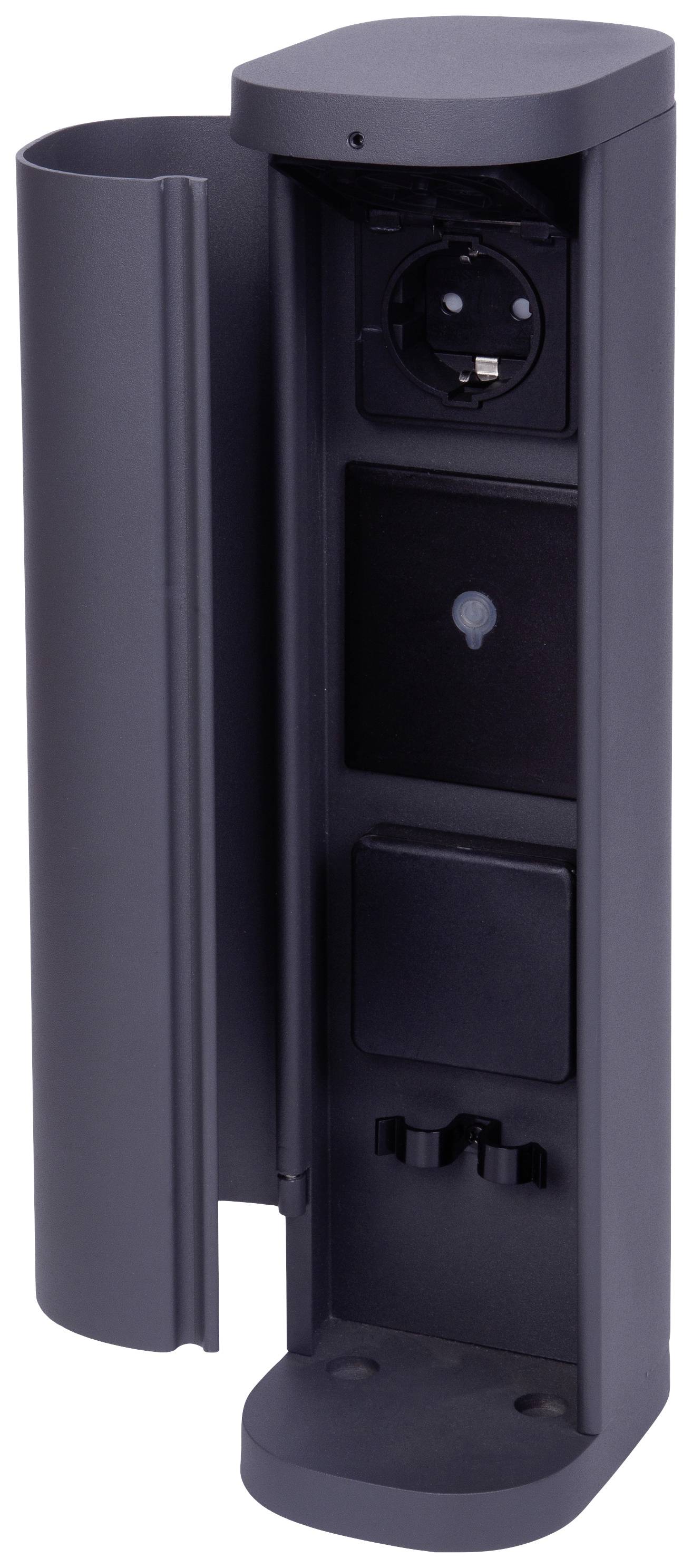 Grijze, verticale wandcontactdoos met stopcontact en schakelaar, geschikt voor buiteninstallaties.