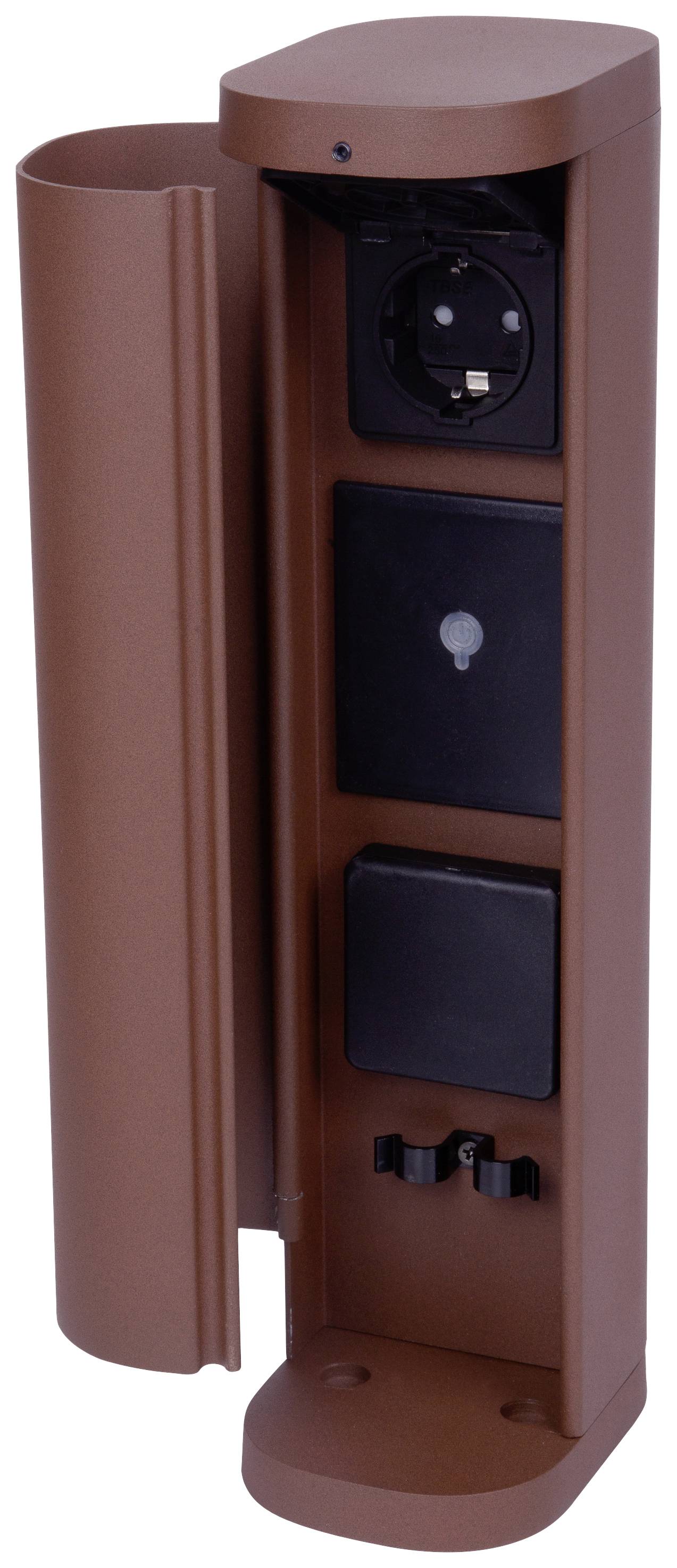 Een bruine buitenstopcontactpaal met meerdere aansluitingen en beschermkappen, geschikt voor veilig gebruik in buitenomstandigheden.