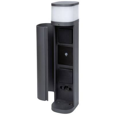 Een zwarte buitenwandcontactdoos met twee aansluitpunten en een geïntegreerd licht bovenaan, geschikt voor wandmontage en ideaal voor tuinruimtes.