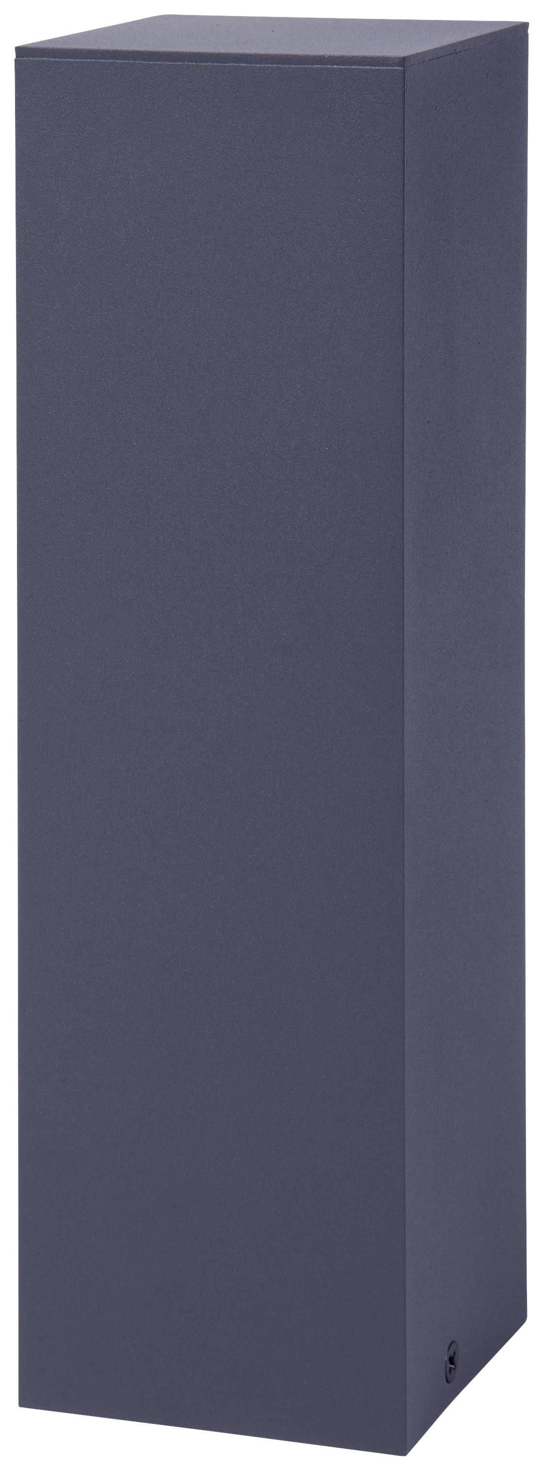 Een hoge, rechthoekige, donkergrijze sokkel of standaard, geschikt voor het presenteren van kunstwerken of producten op tentoonstellingen.