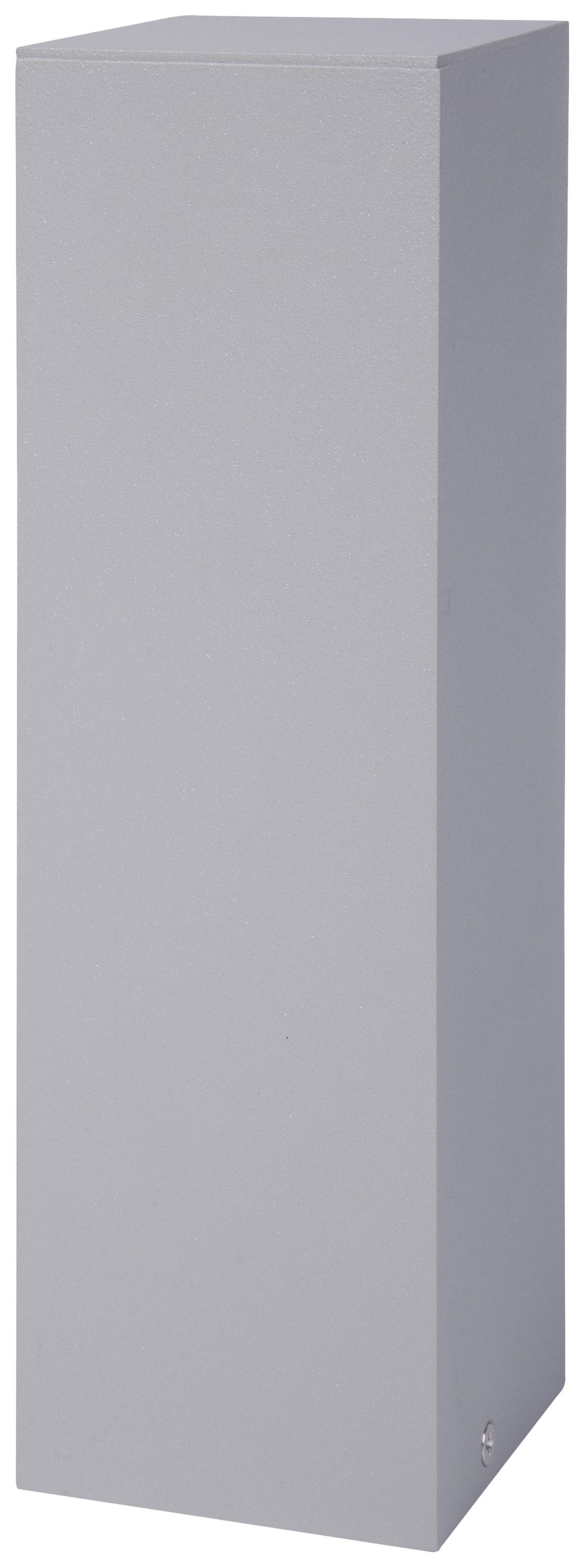 Een hoge, grijze, rechthoekige blok voor een witte achtergrond.