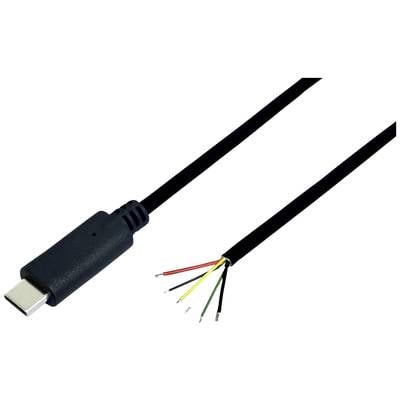 USB-C-kabel met gestript open uiteinde dat vijf gekleurde draden toont: zwart, rood, groen, geel en wit.