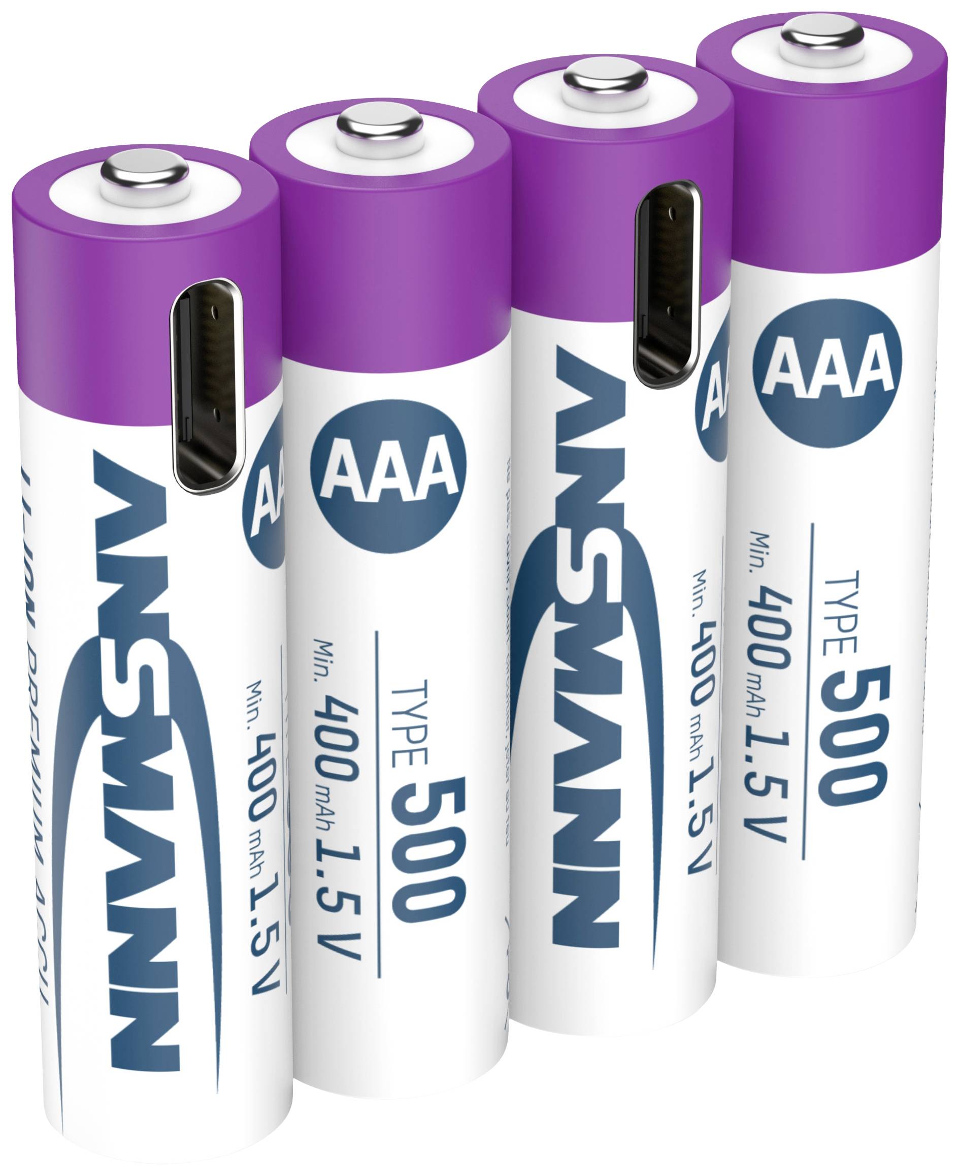 Vier paarse AAA-batterijen van het merk Ansmann, type 500, met een spanning van 1,5 V en een capaciteit van 400 mAh.