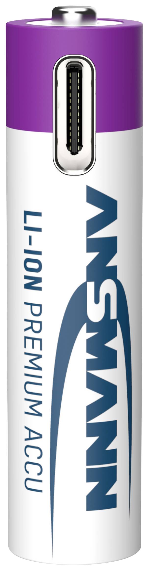 Ansmann Li-Ion Premium batterij in cilindrische vorm met USB-aansluiting aan de bovenkant. Witte oppervlakte met paarse deksel en blauw 'ANSMANN'-logo.