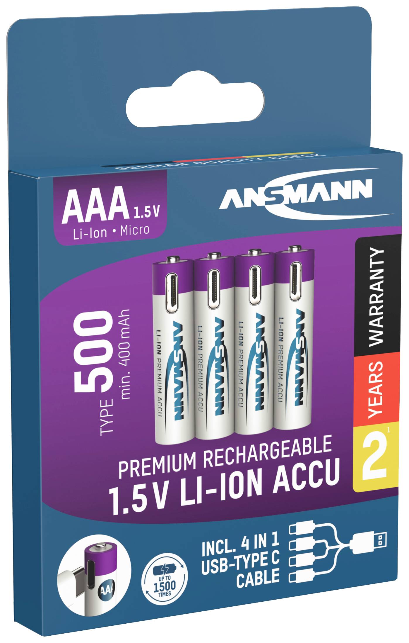 Packaging of Ansmann AAA 1.5V Li-Ion rechargeable batteries, Type 500, with 400 mAh capacity. Contains 4 batteries with 2-year warranty and USB cable.