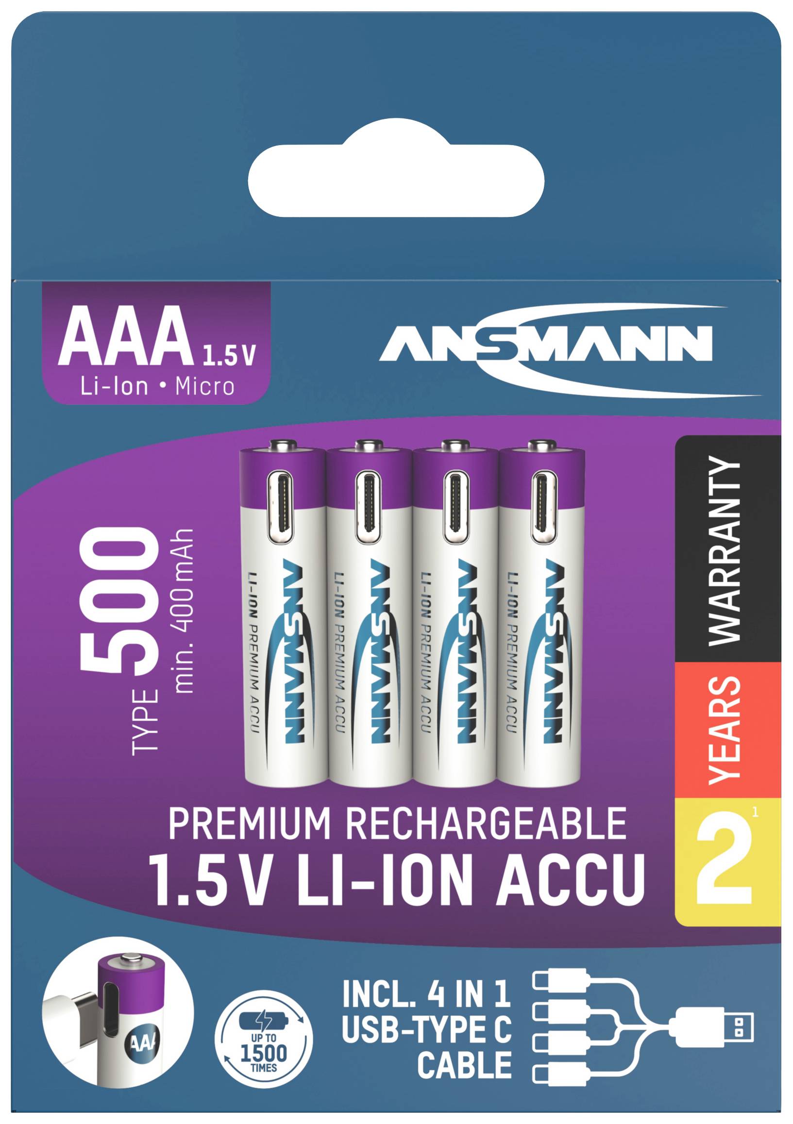 Vier oplaadbare AAA-batterijen, 1,5V, Lithium-ion, op de verpakking. Inclusief USB-type-C-kabel, 2 jaar garantie.