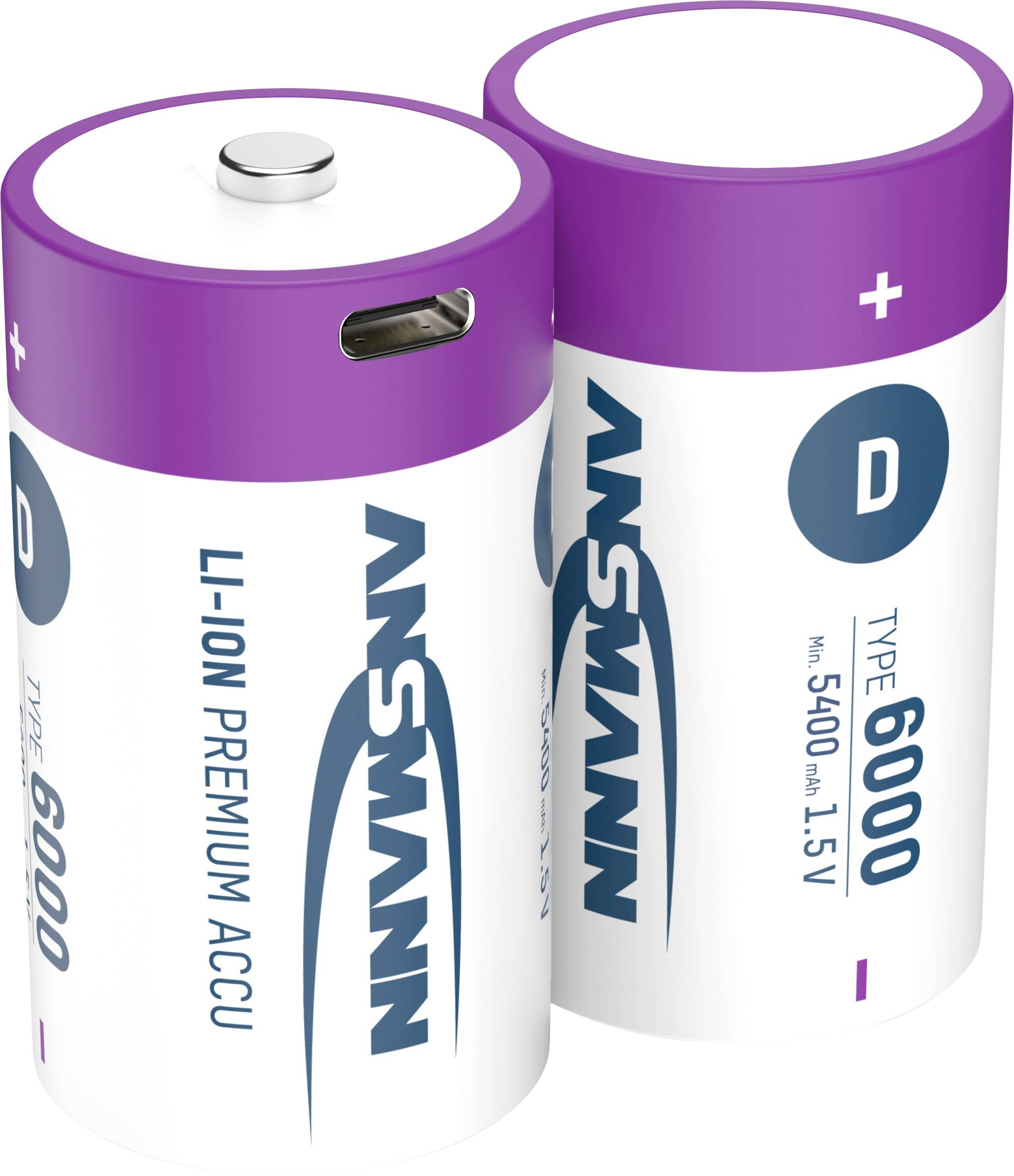 Twee Li-Ion D-batterijen met een paars en wit ontwerp, gemerkt met 'ANSMANN', met een capaciteit van 6000 mAh en een spanning van 1,5V.