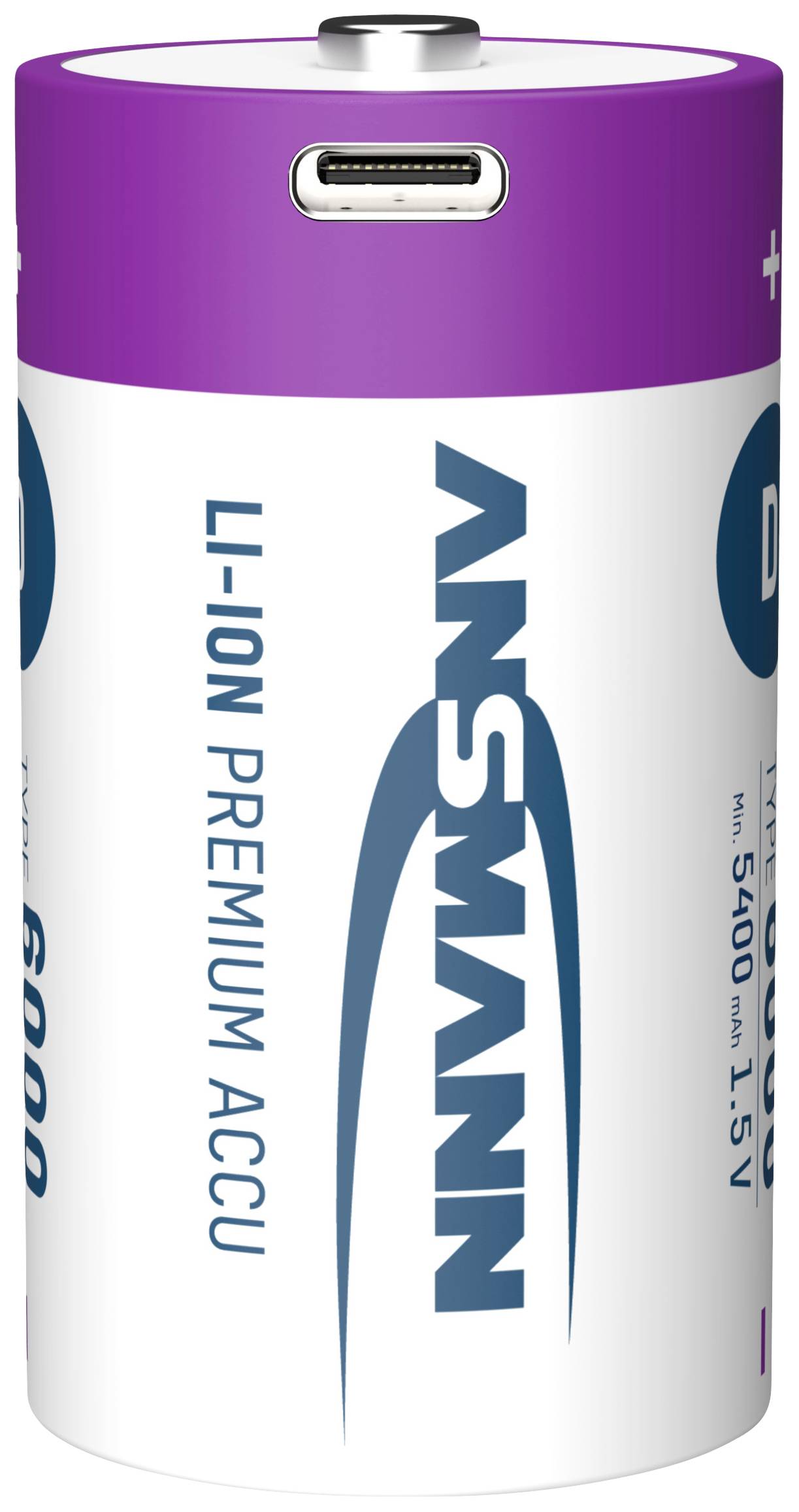 'Ansmann Li-Ion Premium Accu' oplaadbare batterij in paars en wit, met USB-aansluiting aan de bovenkant. Specificaties: 1,5 V, 6000 mAh.