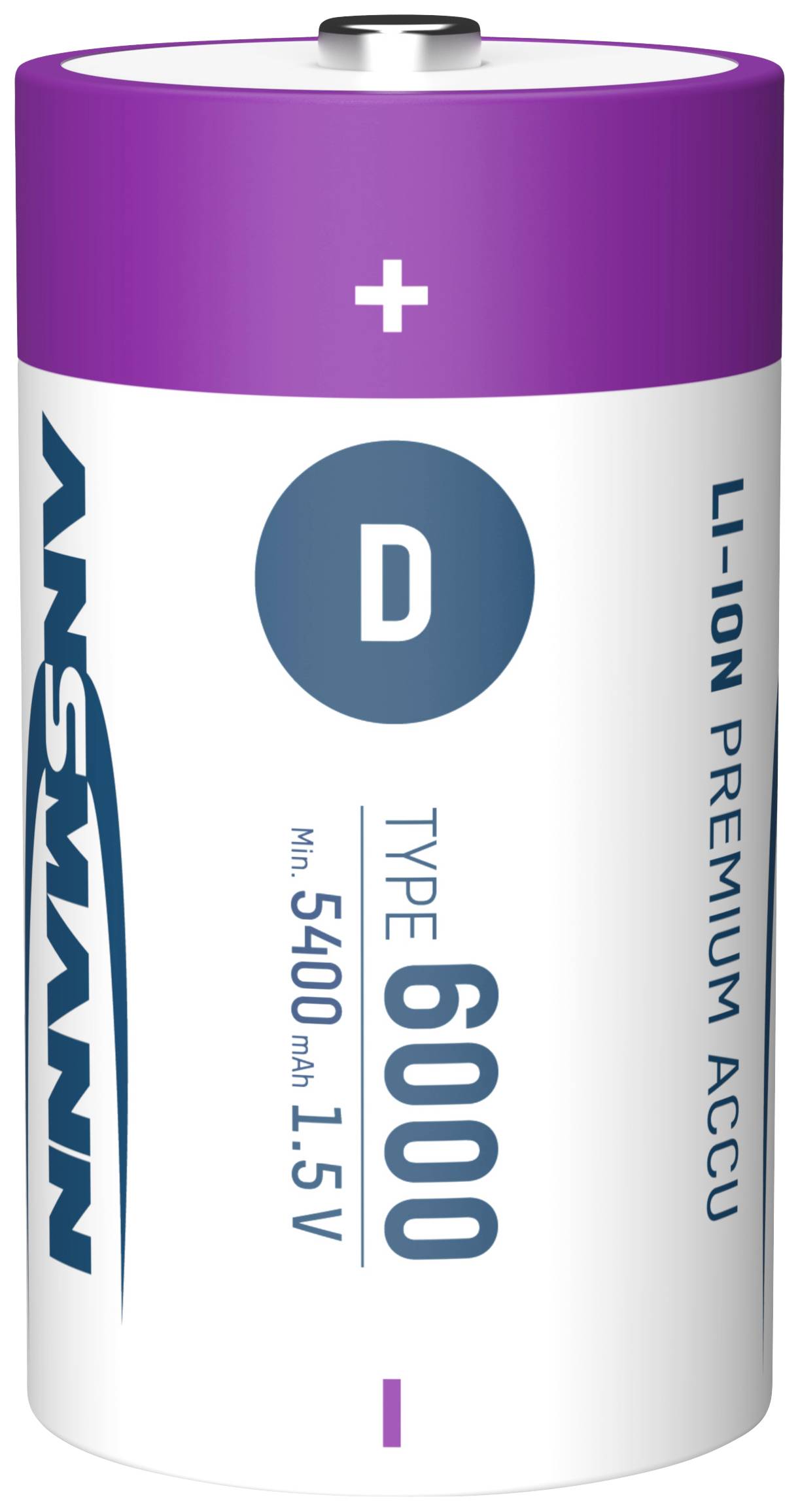 Li-Ion Premium accu van het type D, merk Ansmann, 6000 mAh, 1,5 V.