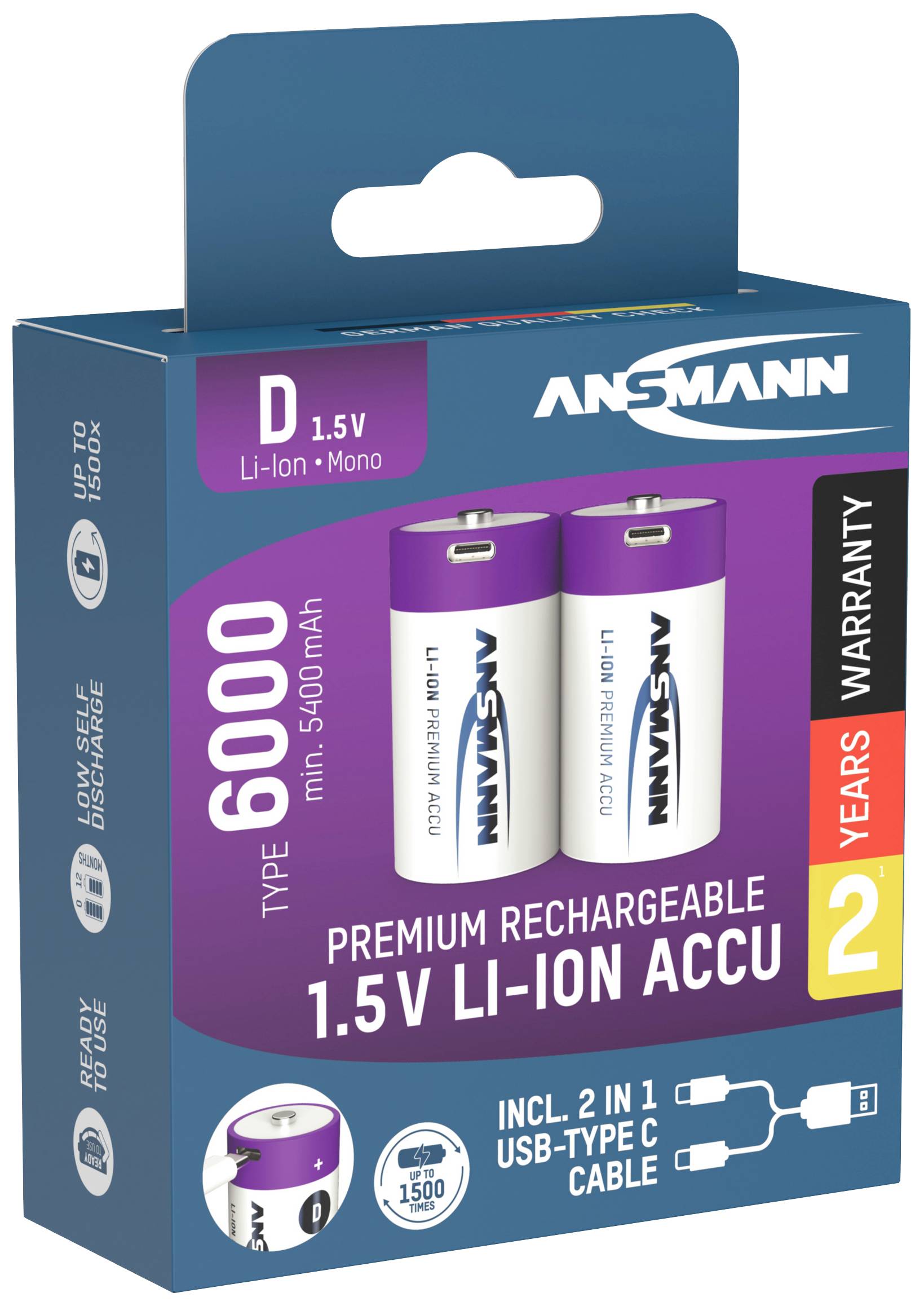 Li-Ion accu van Ansmann, type D, oplaadbaar, 1,5V, 6000mAh. Verpakking bevat twee accu's en een 2-in-1 USB-C-kabel.