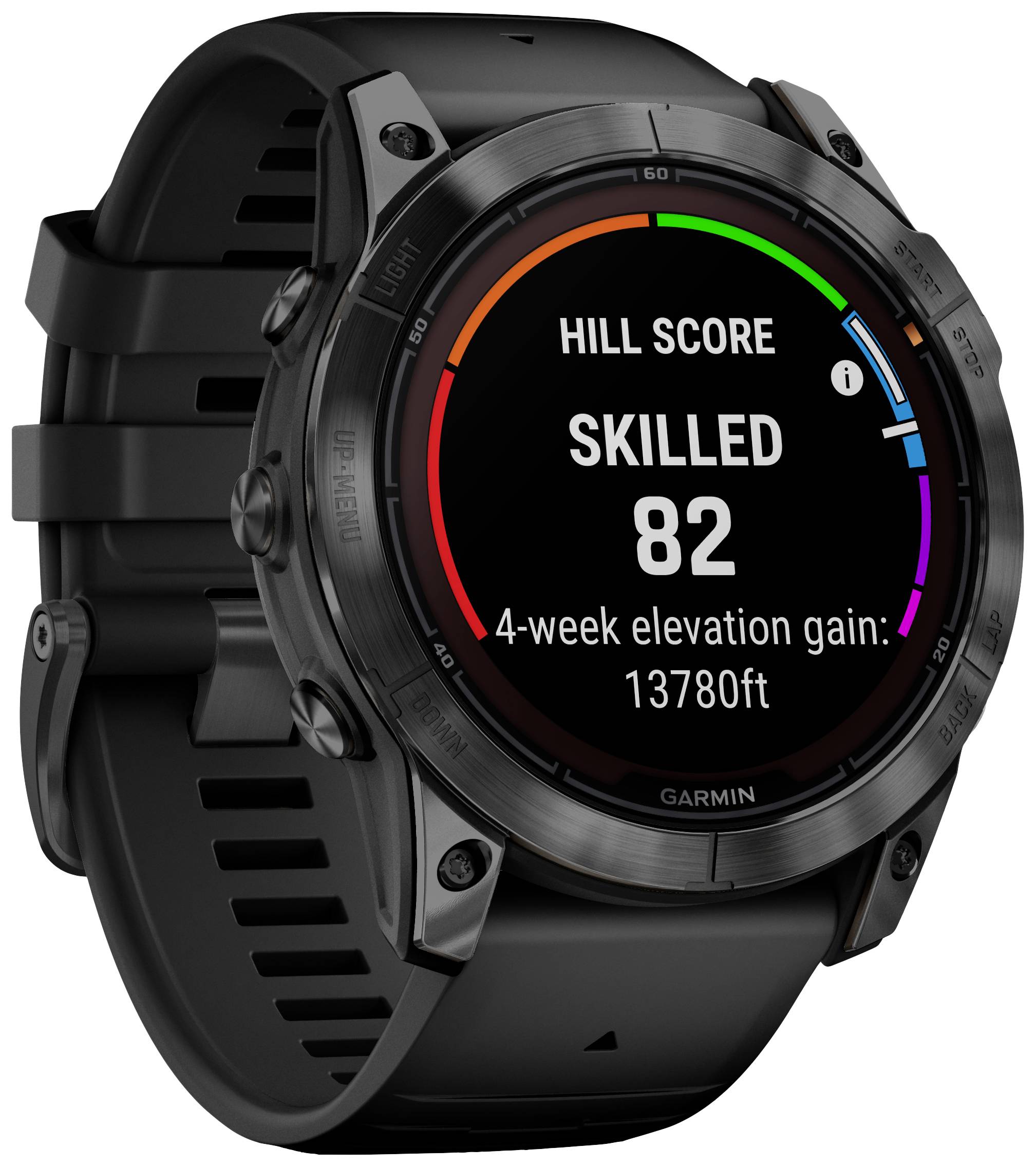 Zwarte Garmin-horloge met rond display. Toont: 'Hill Score', 'Vaardig 82', '4-wekelijkse hoogtestijging: 13780 ft'. Ideaal voor bergbeklimmers.