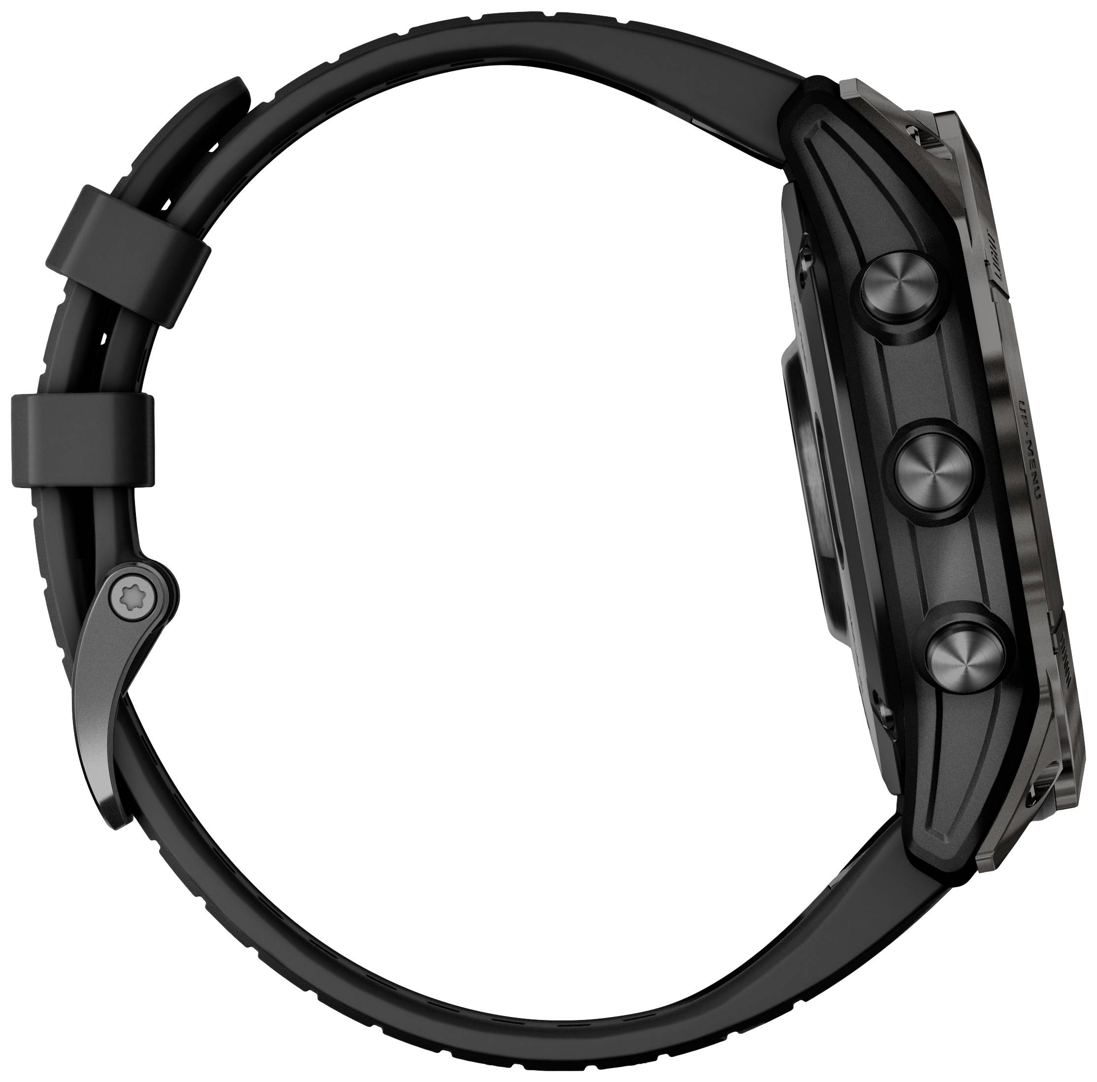 Zijaanzicht van een zwart horloge met drie knoppen en een zwarte band.