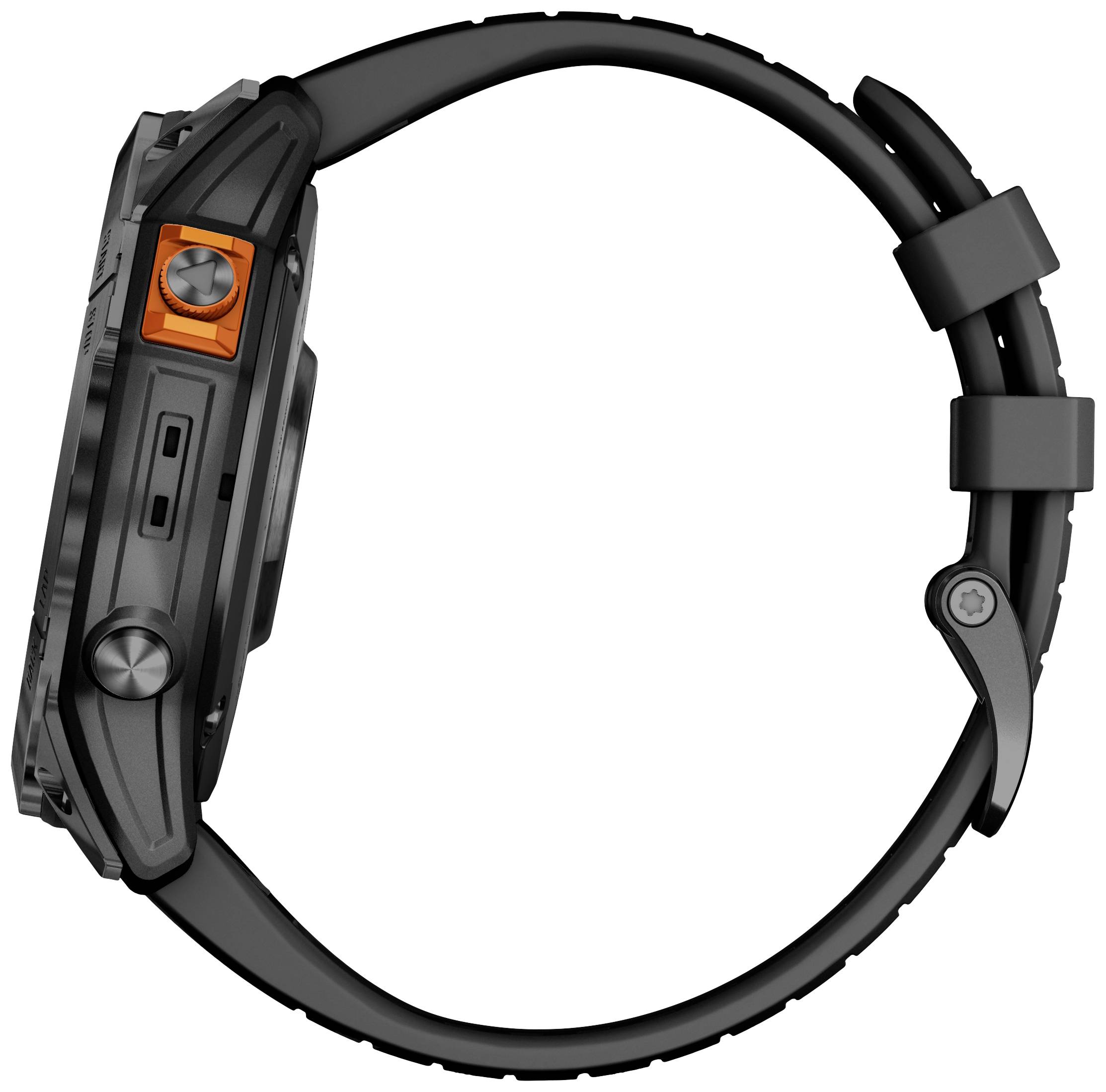 Zwarte, robuuste smartwatch van opzij, met oranje detail. Polsband en zijdelingse knoppen zichtbaar. Geschikt voor buitenactiviteiten.
