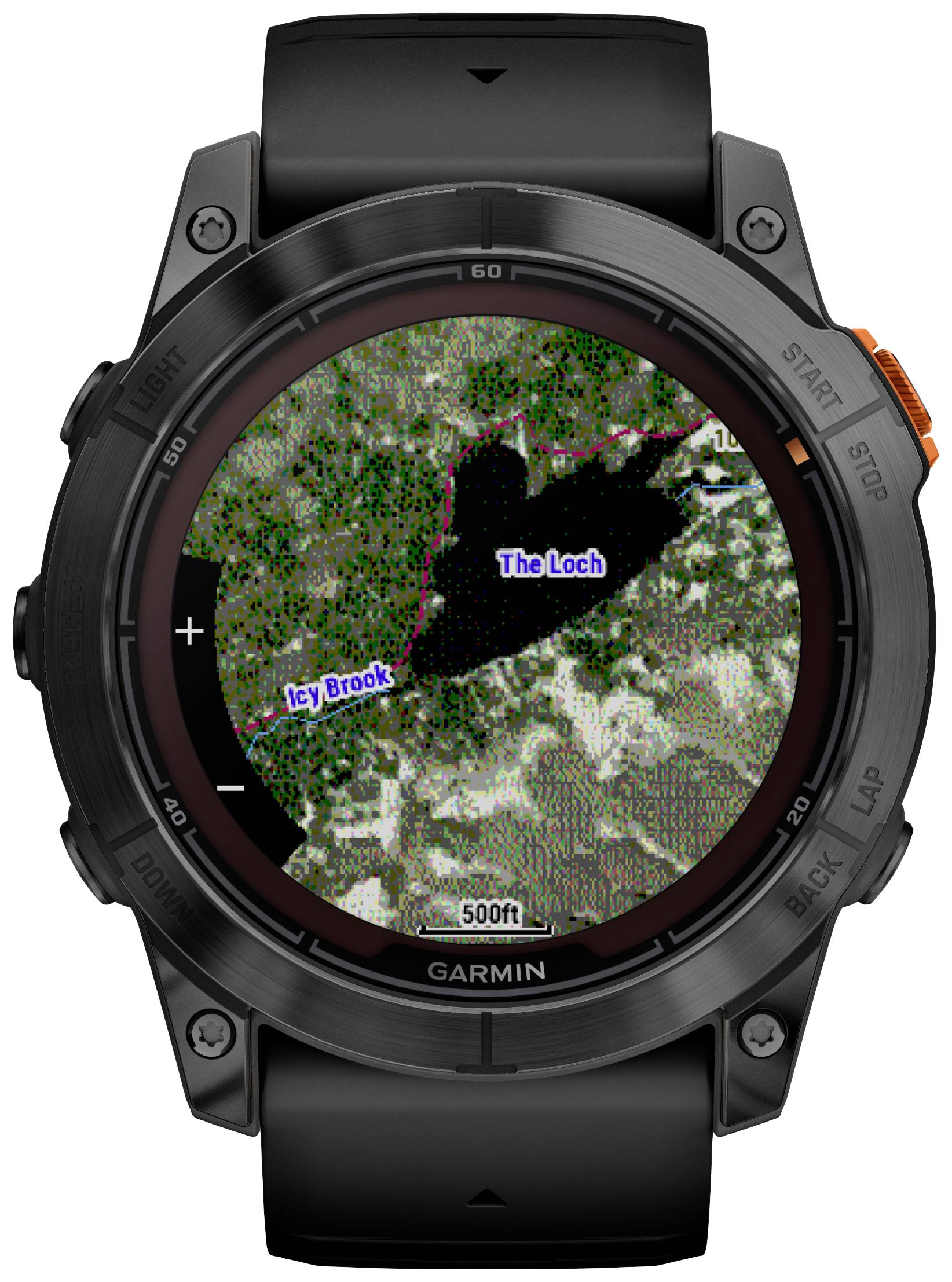Een zwart horloge toont een kleurrijke digitale kaart met een meer in het centrum genaamd 'The Loch' en een rivier, 'Icy Brook'.
