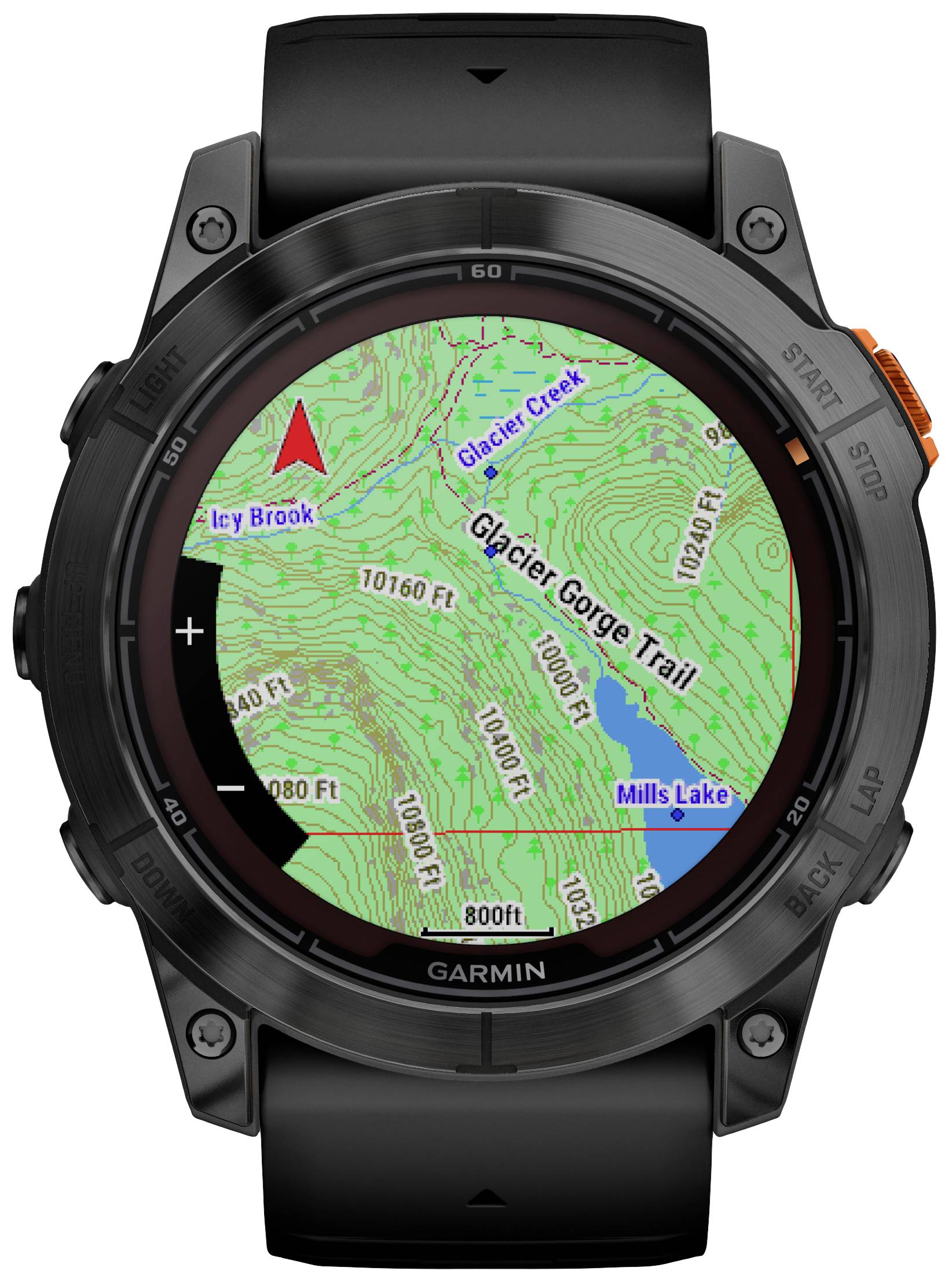 GPS-horloge met kaart van de 'Glacier Gorge Trail'-route. Toont hoogelijnen, rivieren en meren. Pijl geeft de bewegingsrichting aan.