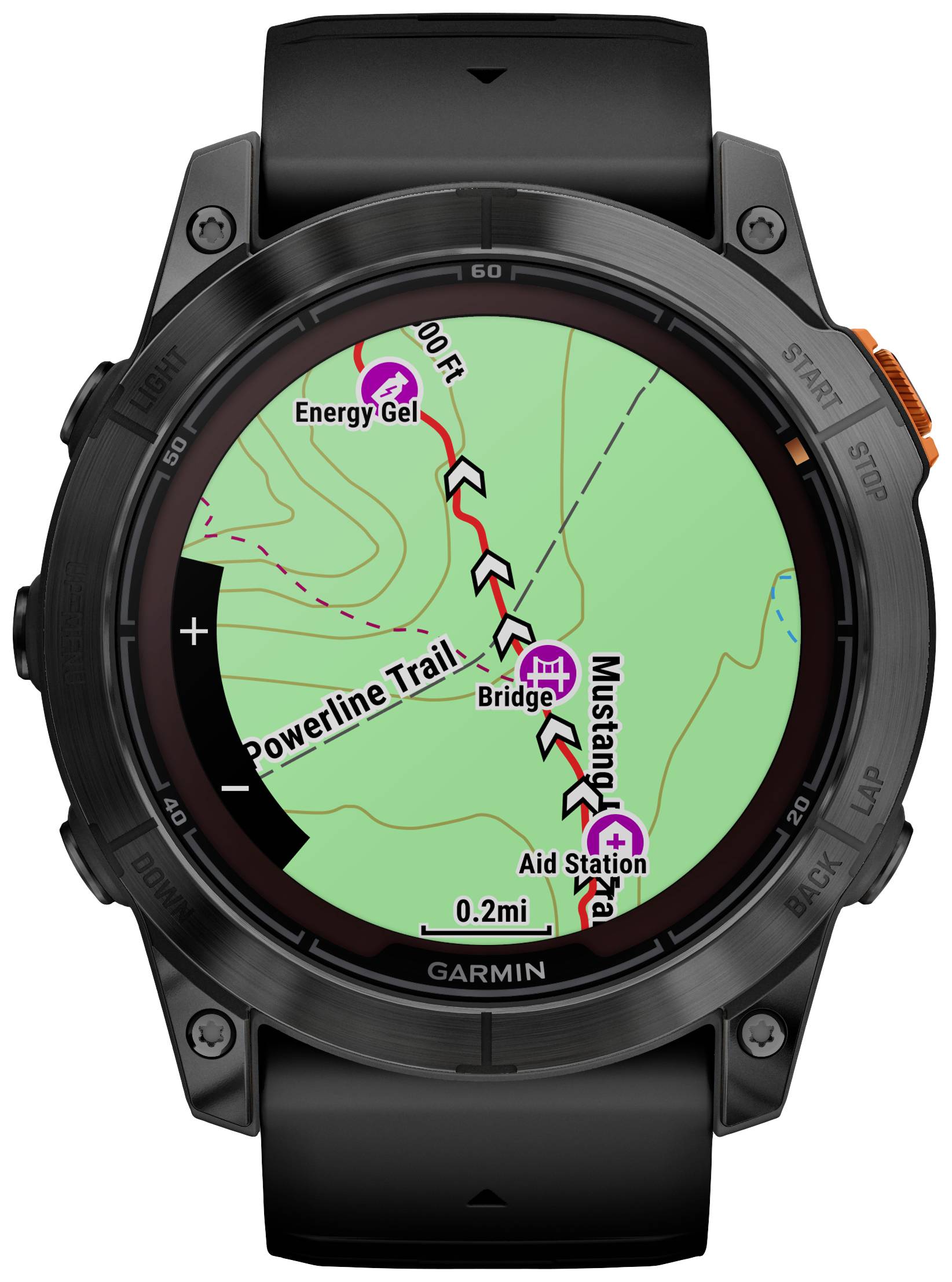 Een GPS-horloge toont een kaart met een route over het 'Powerline Trail', langs 'Bridge', 'Aid Station' en 'Energy Gel'.