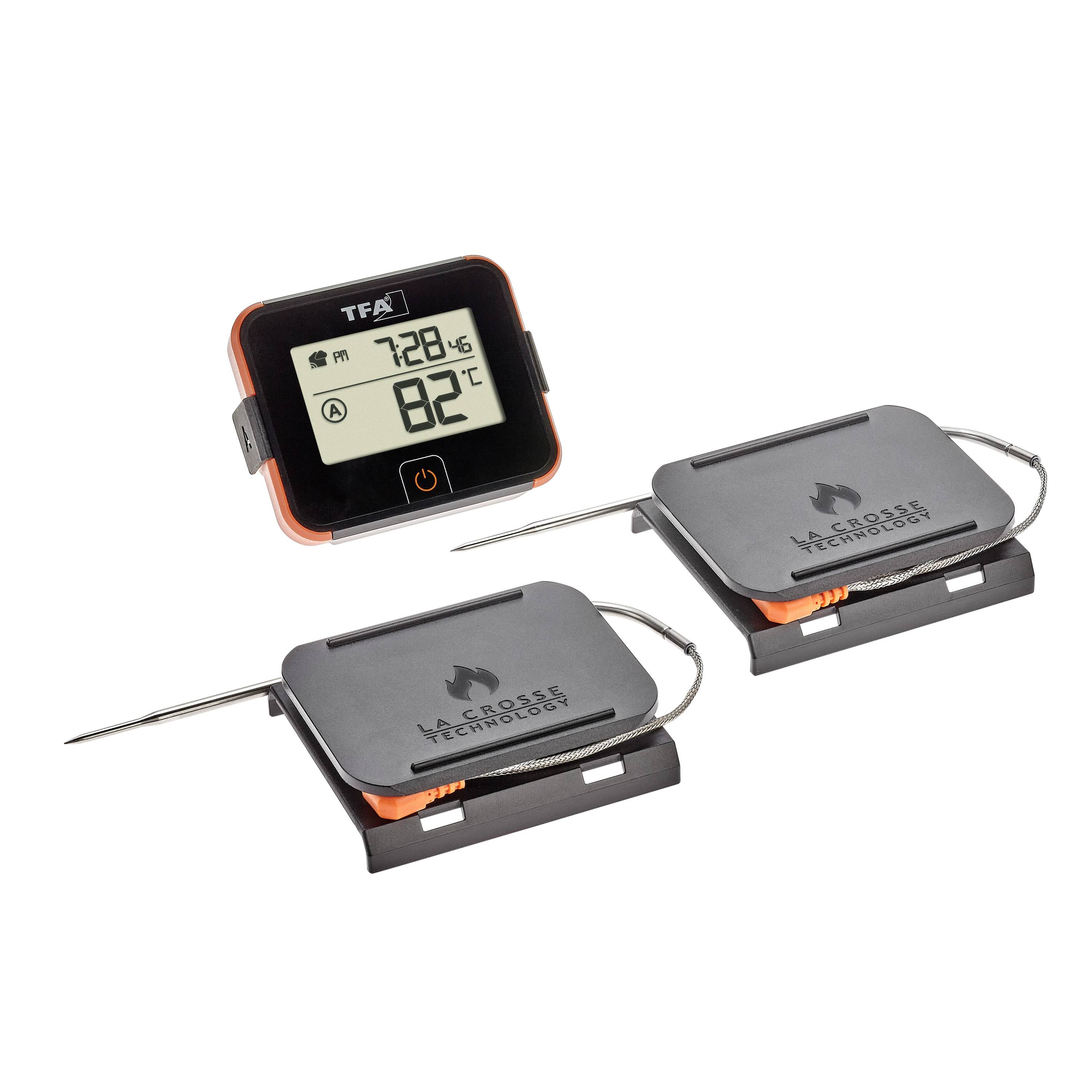 Digitale grillthermometer met twee temperatuursensoren, toont 72°C en 82°C. Geschikt voor nauwkeurig bewaken van de grilltemperatuur.