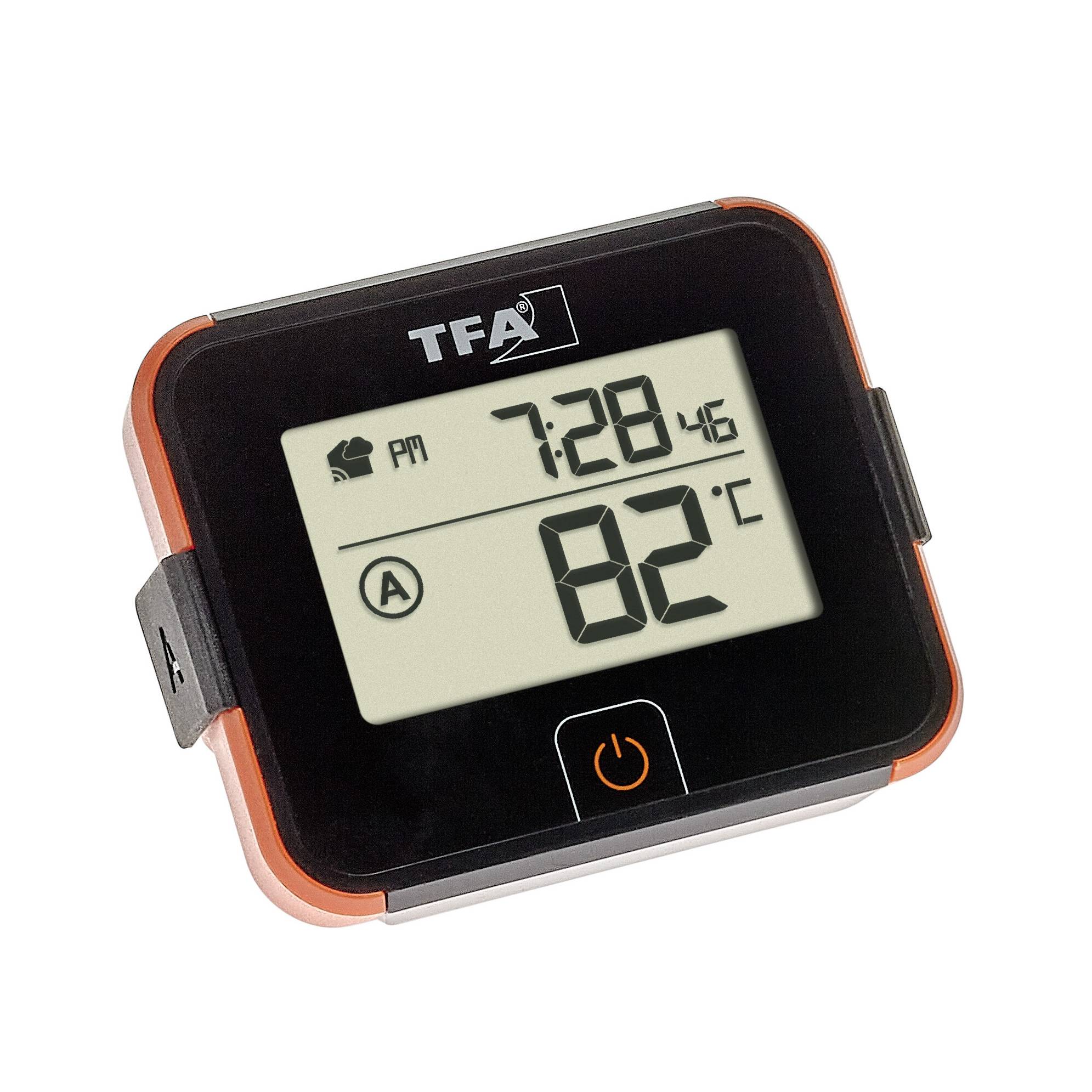 Digitale thermometer toont 82 graden Celsius aan. Links bovenaan zijn symbolen voor tijd en wekker. Het display bevindt zich in een rechthoekig frame.