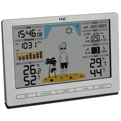 Digitale thermometer en barometer met display. Toont tijd, datum, temperatuur, luchtvochtigheid, luchtdruk en een weeranimatie.