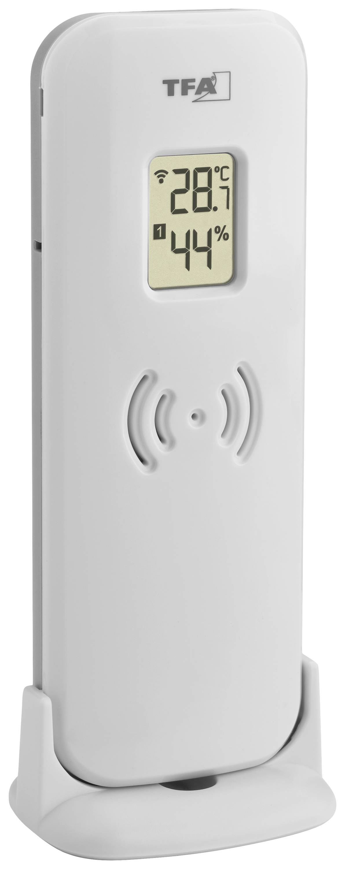 Digitaal temperatuur- en vochtigheidsmeetapparaat, toont 28,7°C en 44% luchtvochtigheid, draadloos, op een standaard.