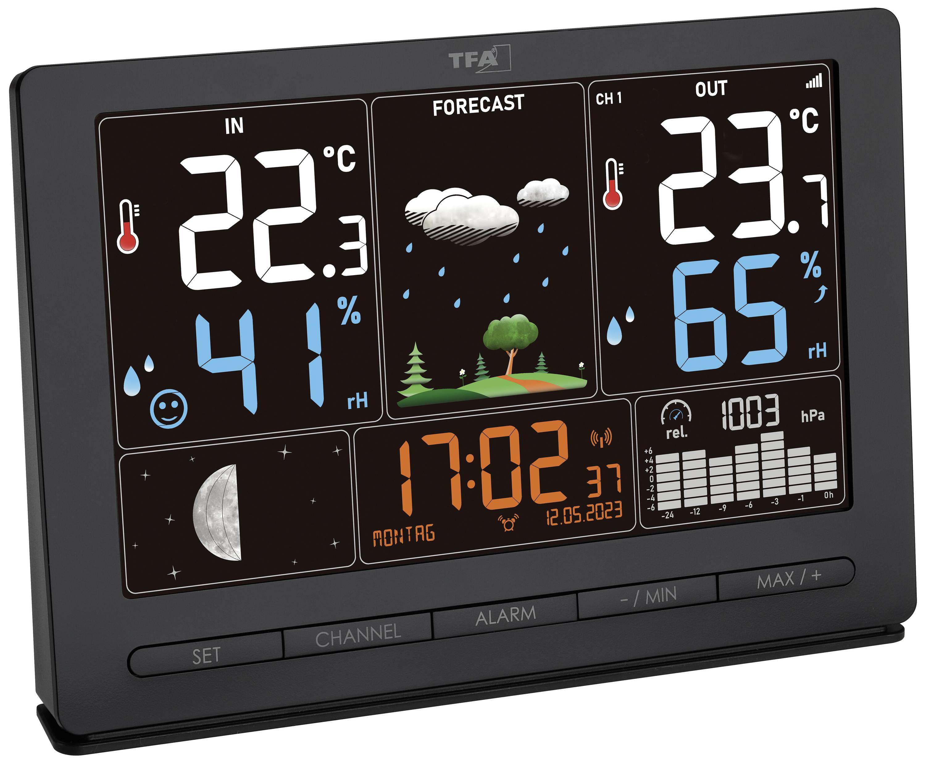 Digitale weerstation display toont: Binnen 22,3°C, 41% luchtvochtigheid; Buiten 23,9°C, 65%; Verwachting: Regen; Tijd: 17:02, Datum: 12-05-2023.