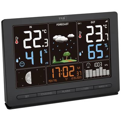 Digitale weerstation display toont: Binnen 22,3°C, 41% luchtvochtigheid; Buiten 23,9°C, 65%; Verwachting: Regen; Tijd: 17:02, Datum: 12-05-2023.