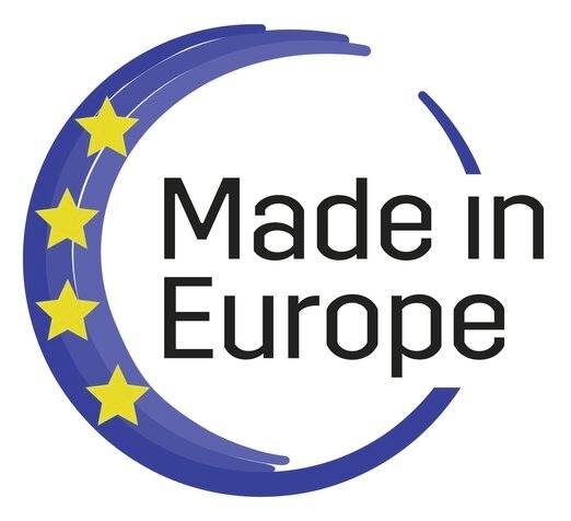 "Gemaakt in Europa"-logo met blauwe cirkelvormige zwier en gele sterren rond de tekst.