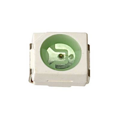 Een klein, vierkant, wit elektronisch onderdeel met een centrale groene verdieping, vermoedelijk een LED-indicator.