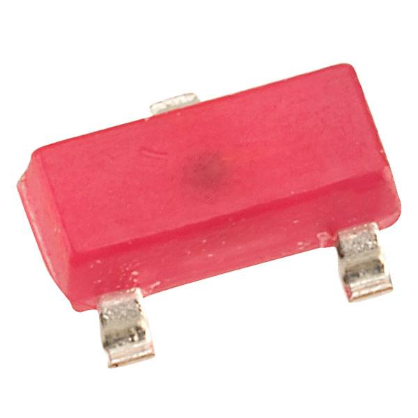 Rode, rechthoekige, elektronische component met twee metalen aansluitingen, mogelijk een SMD-weerstand of een vergelijkbaar onderdeel.