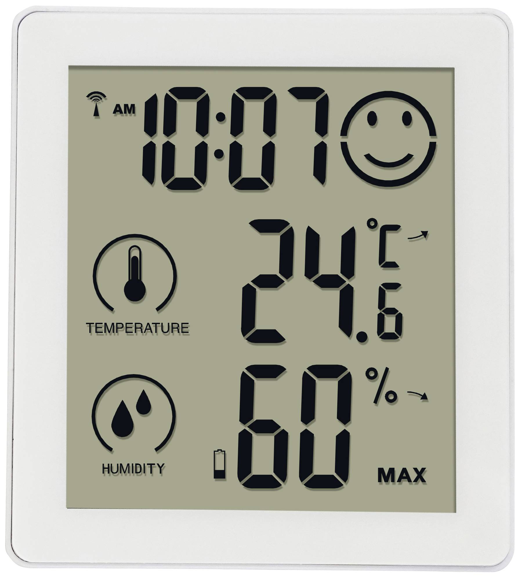 Digitale klok met temperatuurweergave (24,6 graden Celsius) en luchtvochtigheid (60%). Toont tijdstip 10:07 uur en smiley-symbool.