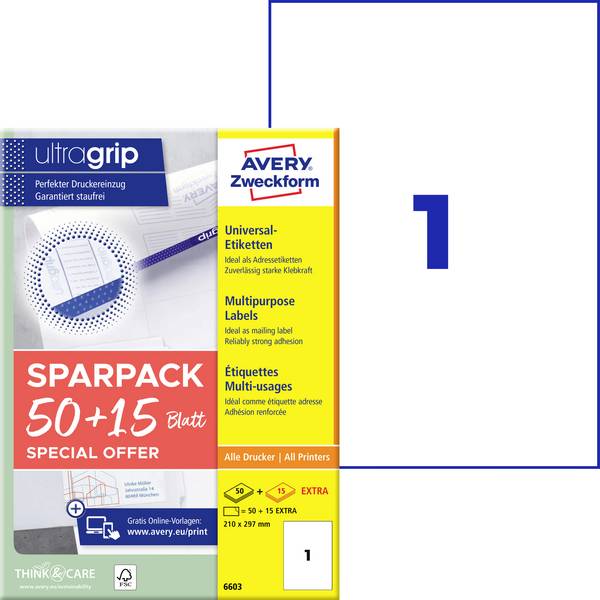 Avery-Zweckform 6603 Universele etiketten 210 x 297 mm Papier Wit 65 stuk(s) Permanent hechtend Laser (kleur), Laser (zwart/wit)