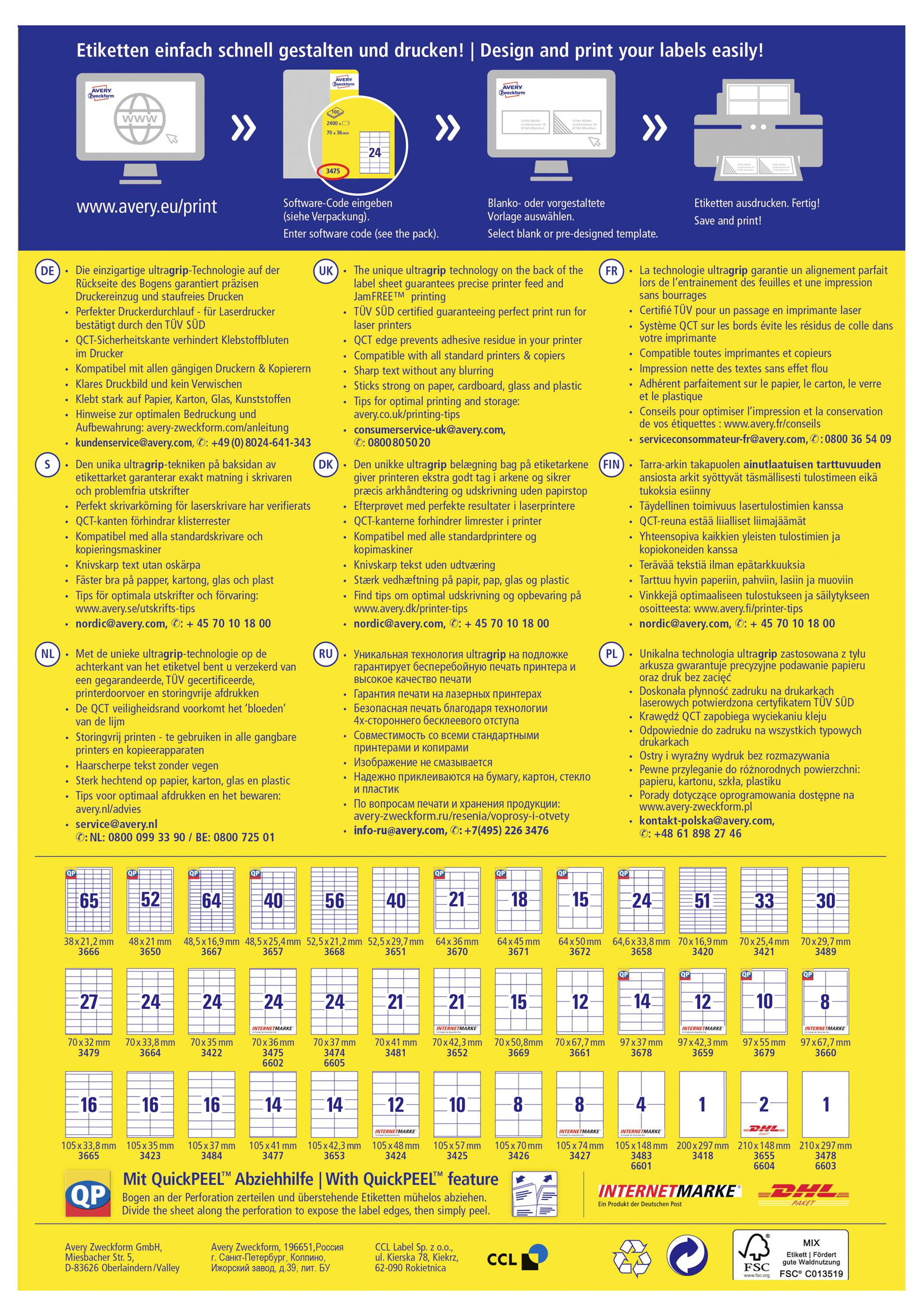 Een gele promotieflyer voor labeldruksoftware, met bovenaan pictogrammen die de stappen van instellingen tot gedrukte labels weergeven, meertalige instructies, en een raster met labelformaatsjablonen met productlogo's onderaan.