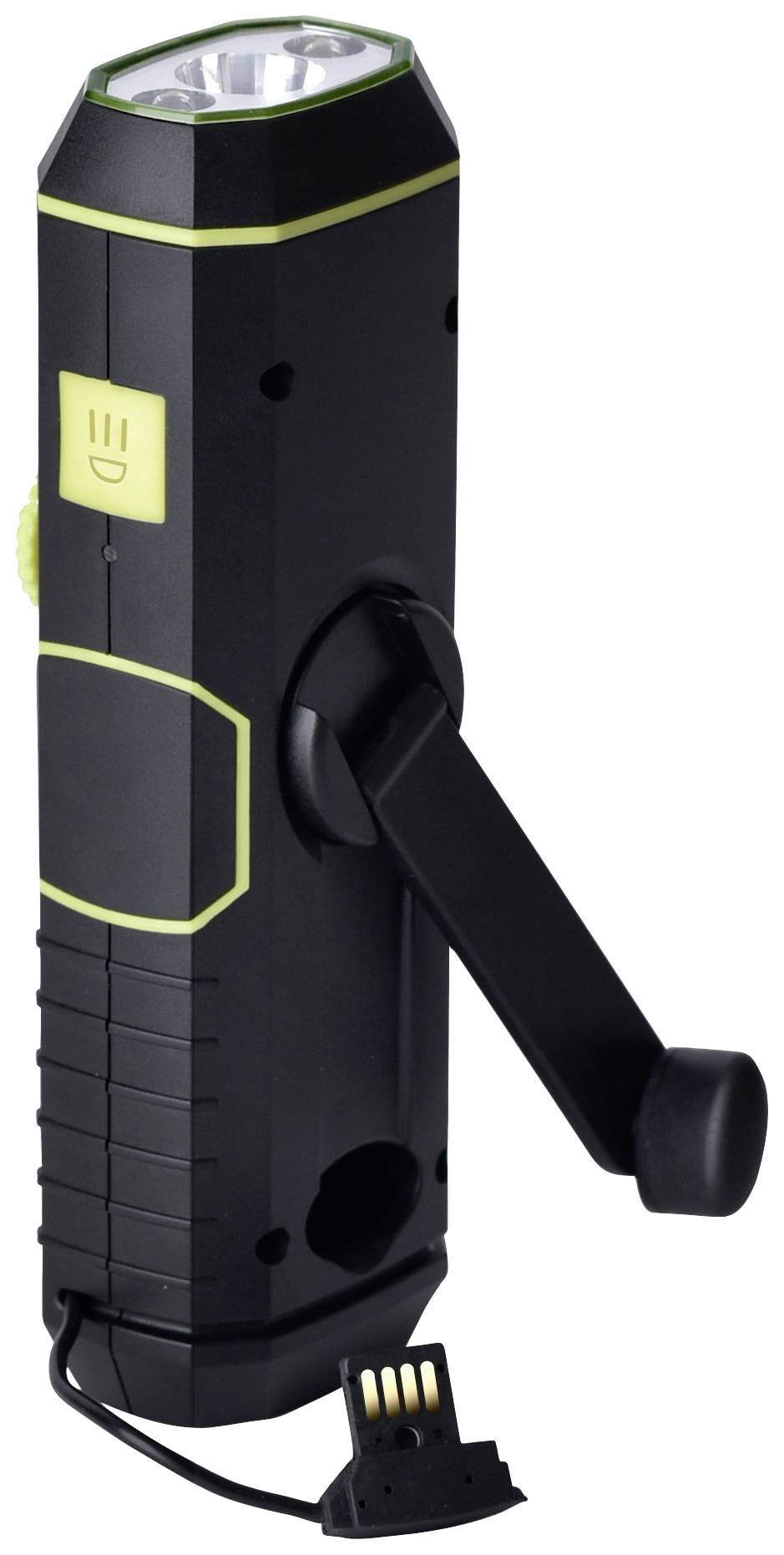 Zwarte handslinger-zaklamp met gele accenten. De slinger is uitgeklapt, een laadkabel hangt onderaan uit.